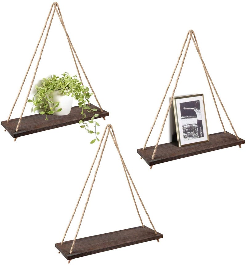 Mkono Wood Hanging Shelves for Wall Boho Decor Swing Rope Rustic Floating Shelf, Set of 3 Wall Display Shelving Home Organizer Rack for Living Room Bedroom Bathroom Kitchen,Brown - Image 1